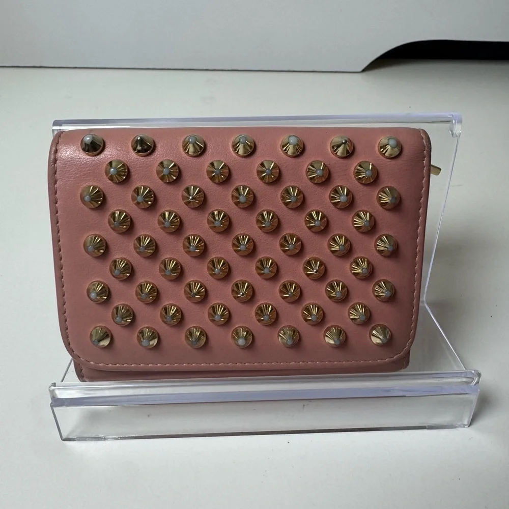 Christian Louboutin Women’s Calfskin Spiked Pink Macaron Mini Wallet